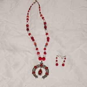 Elegant Red and Silver Necklace and Earring Set